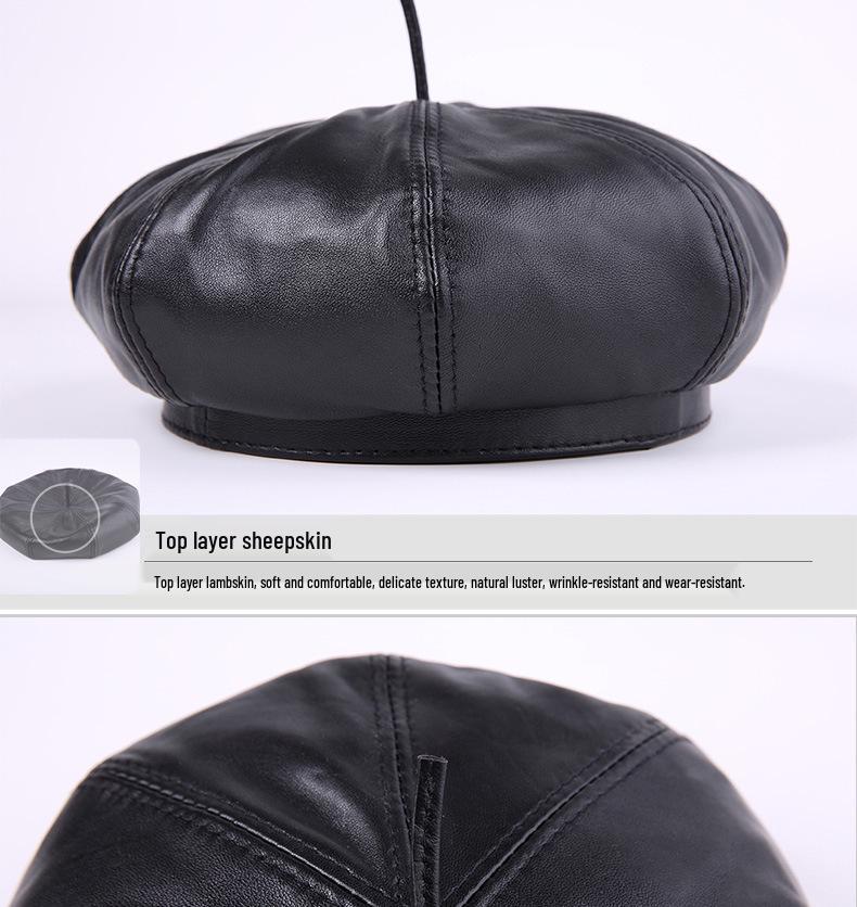 Women's Genuine Sheepskin Octagonal Beret - Korean-Style Celebrity Leather Hat for Autumn/Winter