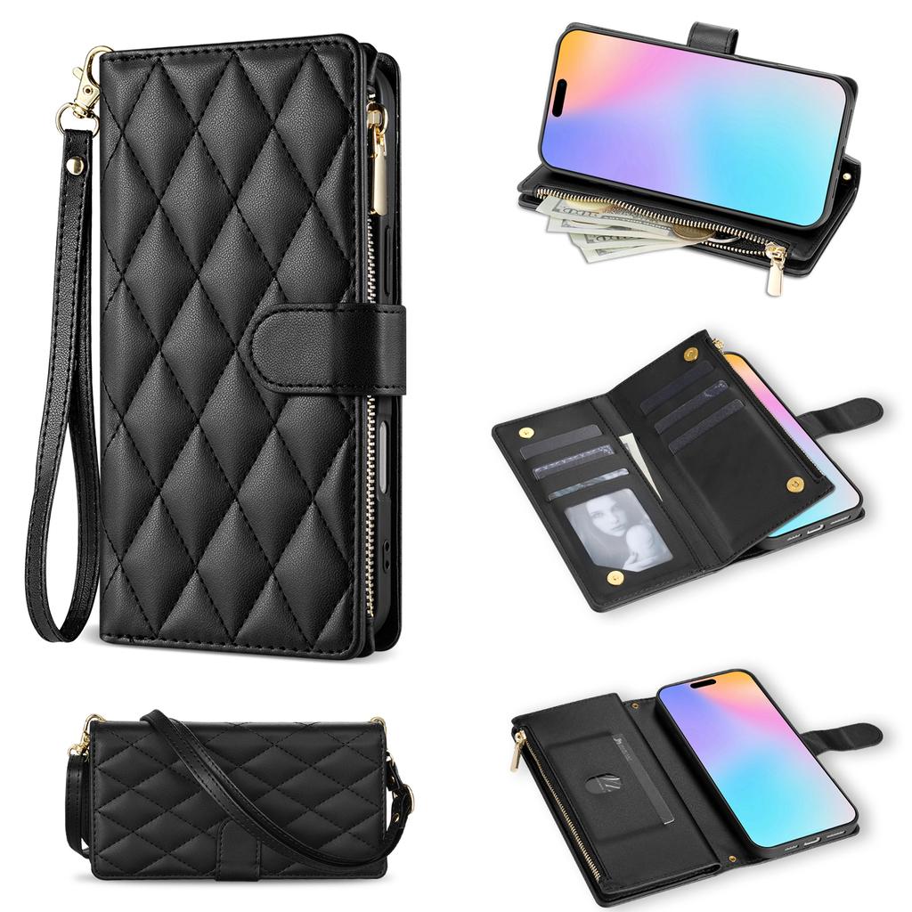 For iPhone 17 Case Rhombus Stitching Leather Wallet Phone Cover with Long/Short Strap