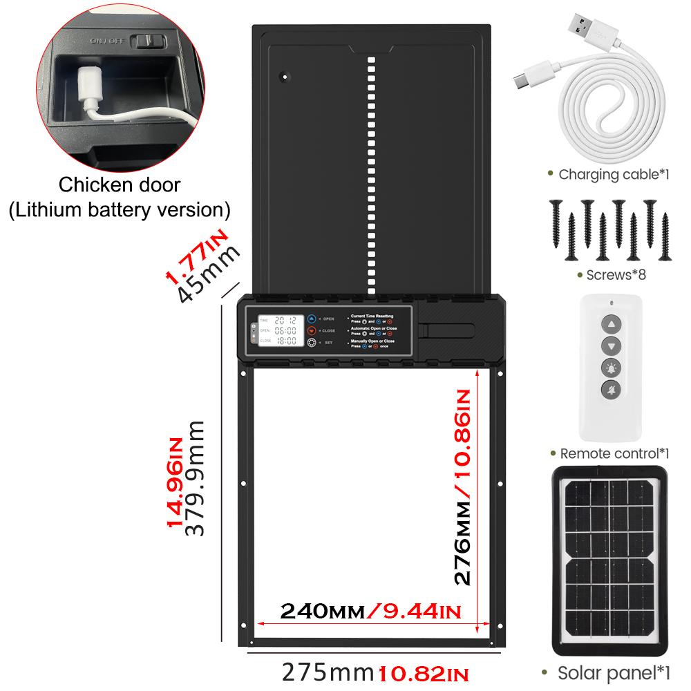 Solar Automatic Chicken Coop Door with LCD Screen, light Sensor/ Timer/ Remote Control Auto Chicken Doors Anti Pinch Waterproof