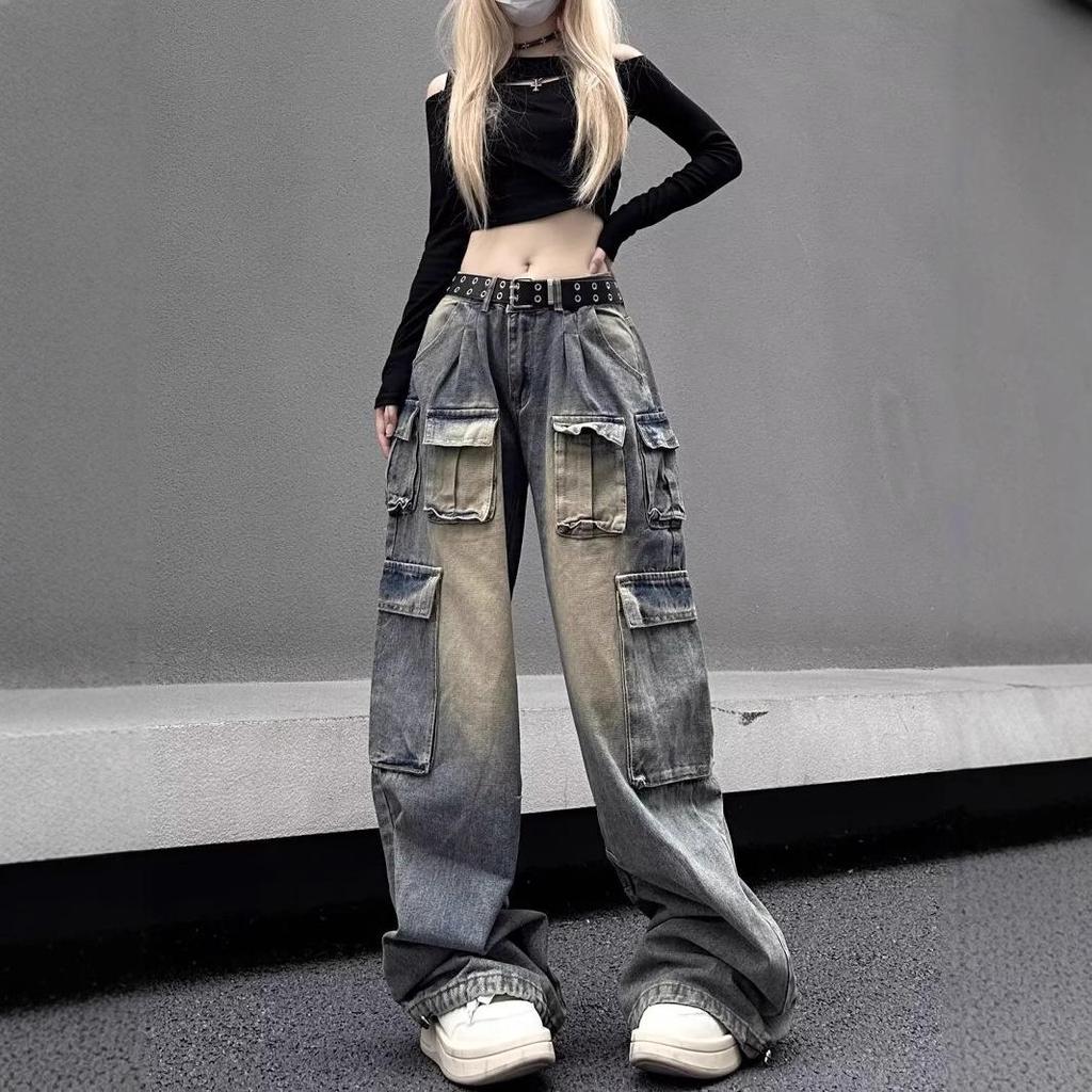 Trendy American Street Style High-Waisted Wide-Leg Cargo Jeans for Women