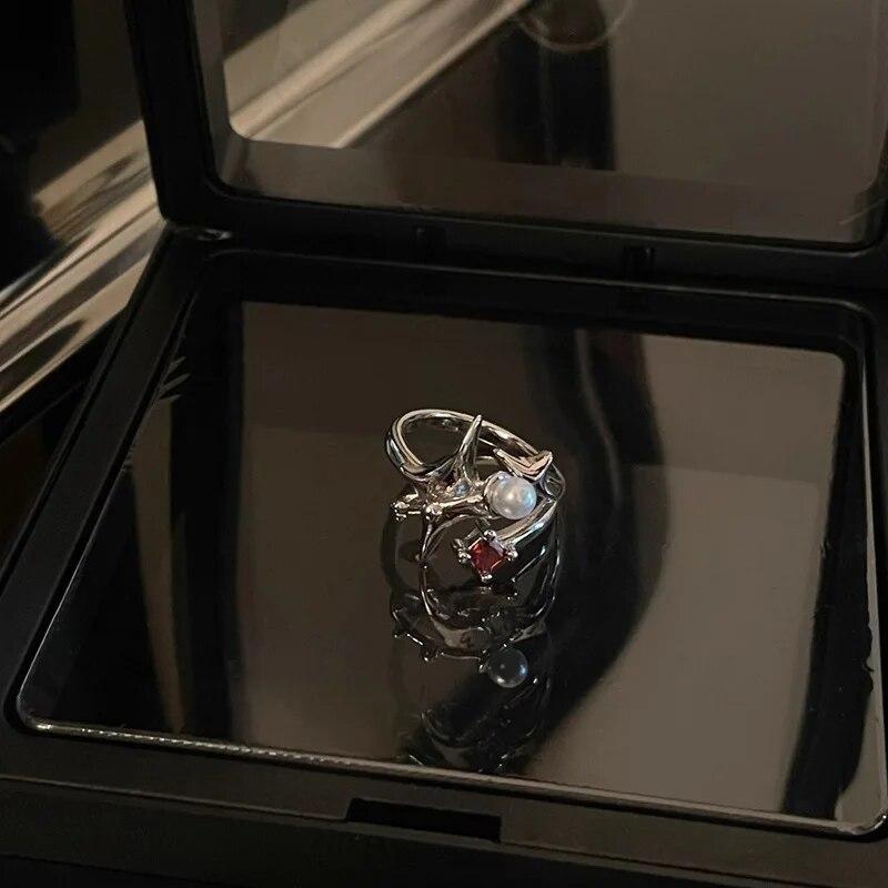 Vintage Red Enamel Cross Open Rings For Women Men Punk Hip Hop Irregular Lava Texture Rings Y2K Aesthetic Jewelry