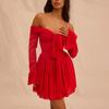 French Vintage Off Shoulder Dress Women Summer Fashion Slim Long Sleeve Slim High Waist Mini Dresses Girls Party Trendy Vacation Elegant Evening Dress