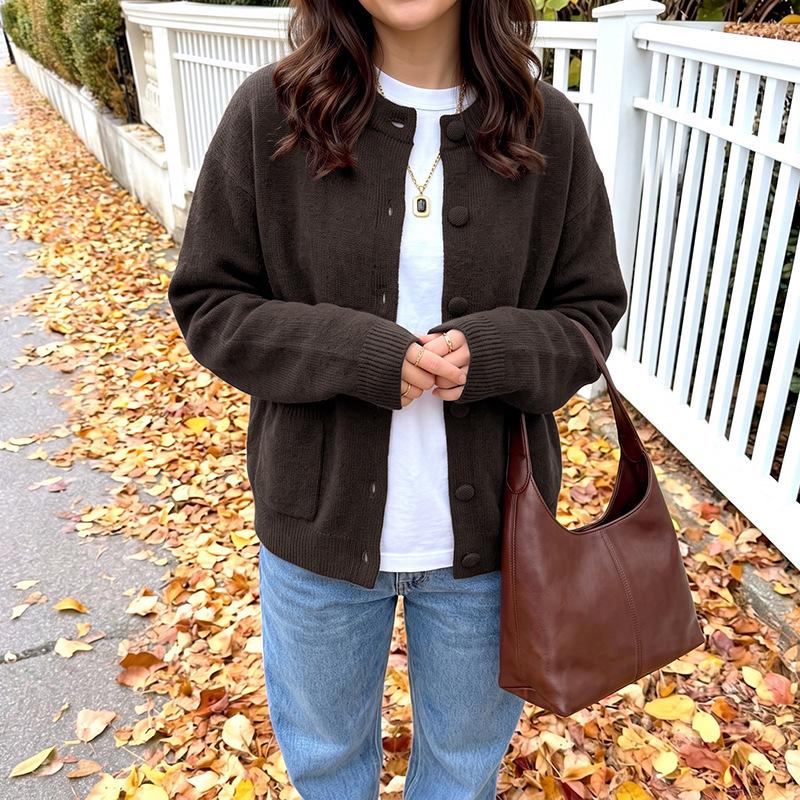 Autumn/Winter 2026 Knit Cardigan - Simple Commute Style, Solid Color, Round Neck, Loose Fit, Drop Shoulder Sweater Coat.