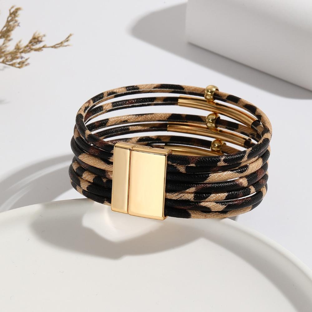 Bohemian Style Leopard Leather Bracelets Charm Magnetic Bracelet Fashion MultiLayer Bangles  Girls