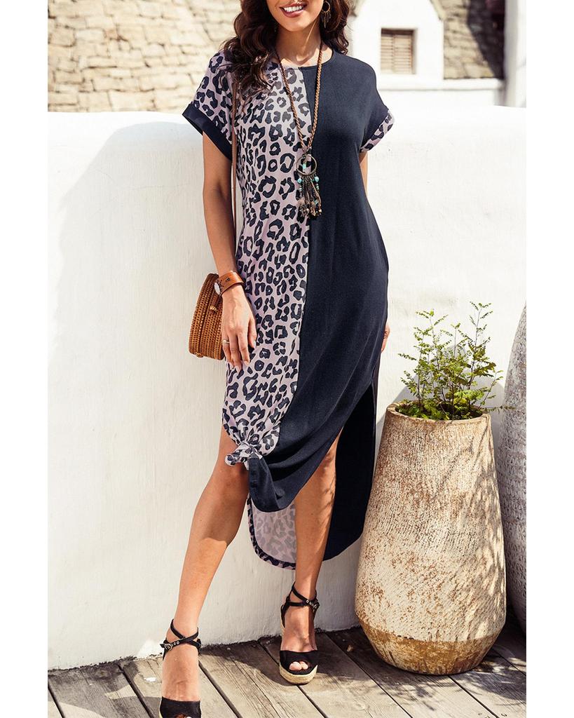 Azura Exchange Solid Leopard Short Sleeve T-shirt Dress with Slits