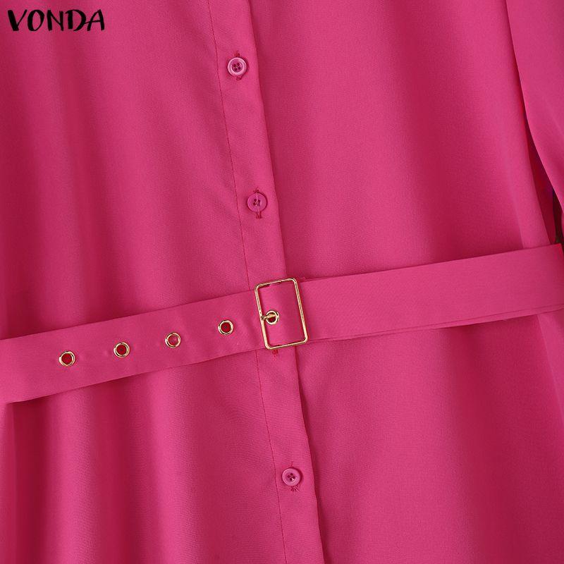 VONDA Women Casual Lapel Neck 3/4 Sleeve Slim Waist Pleated Mini Dress