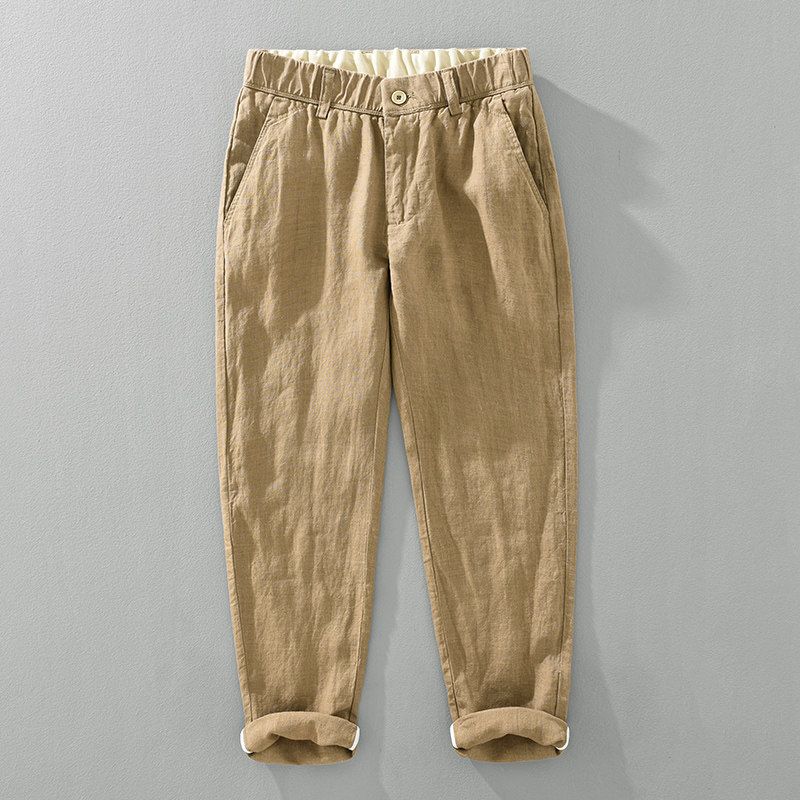 Men's Summer Straight-Leg Ramie Casual Pants, Japanese Retro Loose-Fitting Breathable Cotton-Linen Cropped Pants