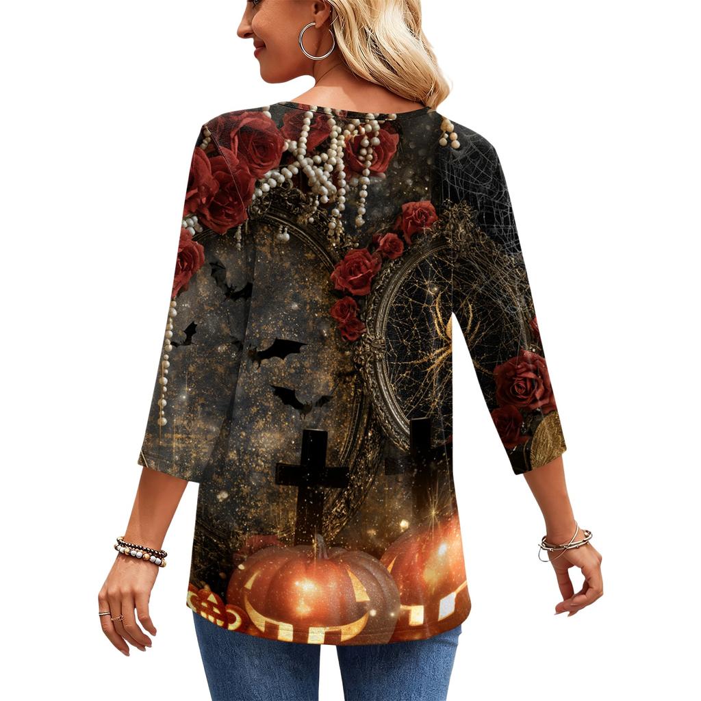 Women's Casual V-Neck Three-Quarter Sleeve Blouse with Halloween Print for Fall Parties