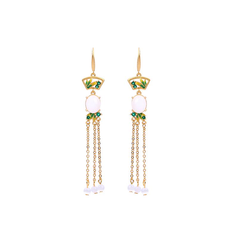 Aieryuan Gold-Plated Fan-Shaped Earrings with Imitation Jade Tassels - Retro Design