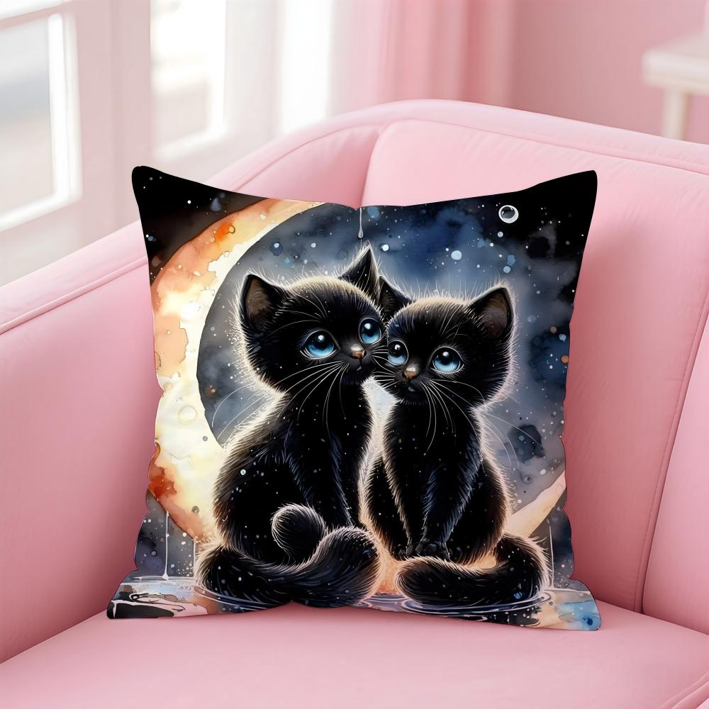LLittle Black Cat Couple Cushion Cover Pillow Case Soft Friendly Fabric Concealed Zipper