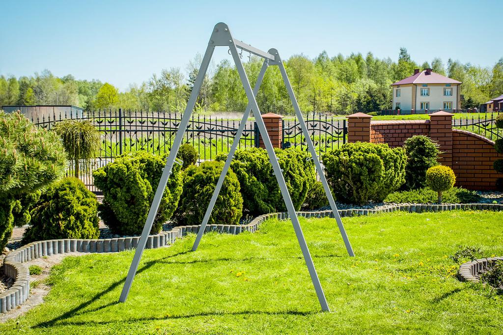 Frame for a garden swing, gray + colorful stork's nest + board