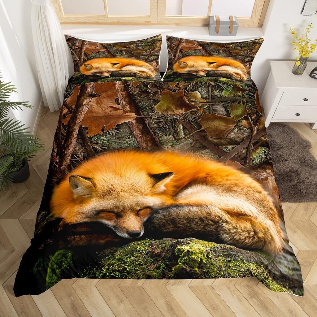 Girls Cartoon Fox Duvet Cover Set Cute Fox Bedding Set Kawaii Animals Comforter Cover Botanical Floral Bedspread Cover Full Size