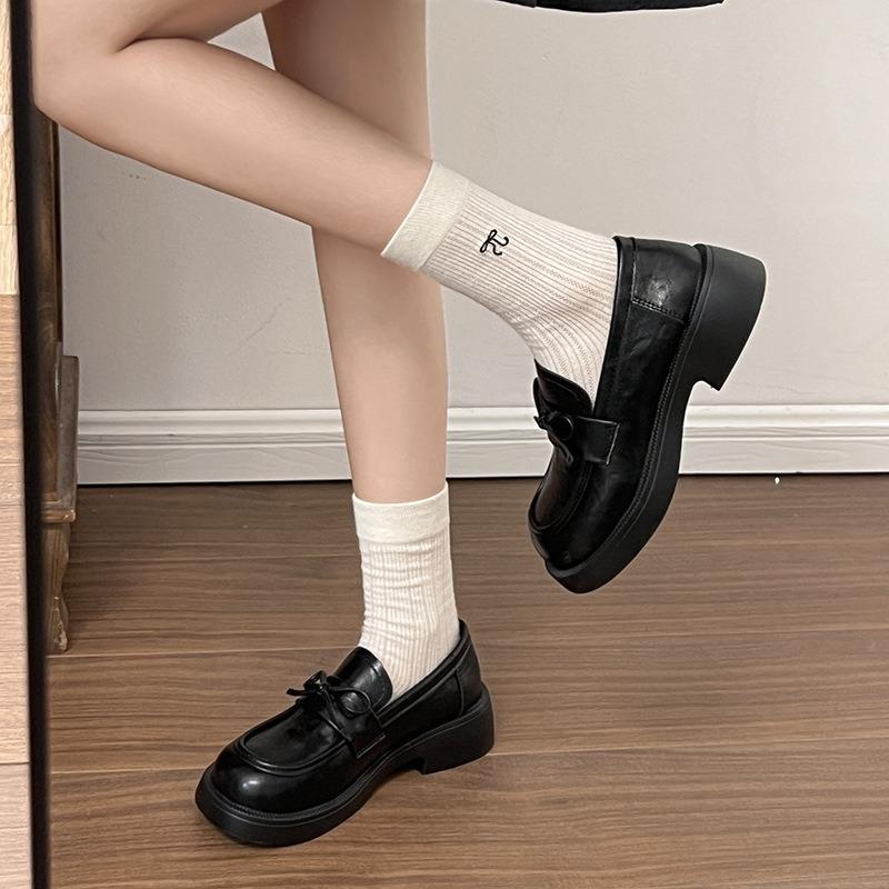 British small leather shoes autumn women's new women's platform tide with bow, shallow mouth one pedal single shoes