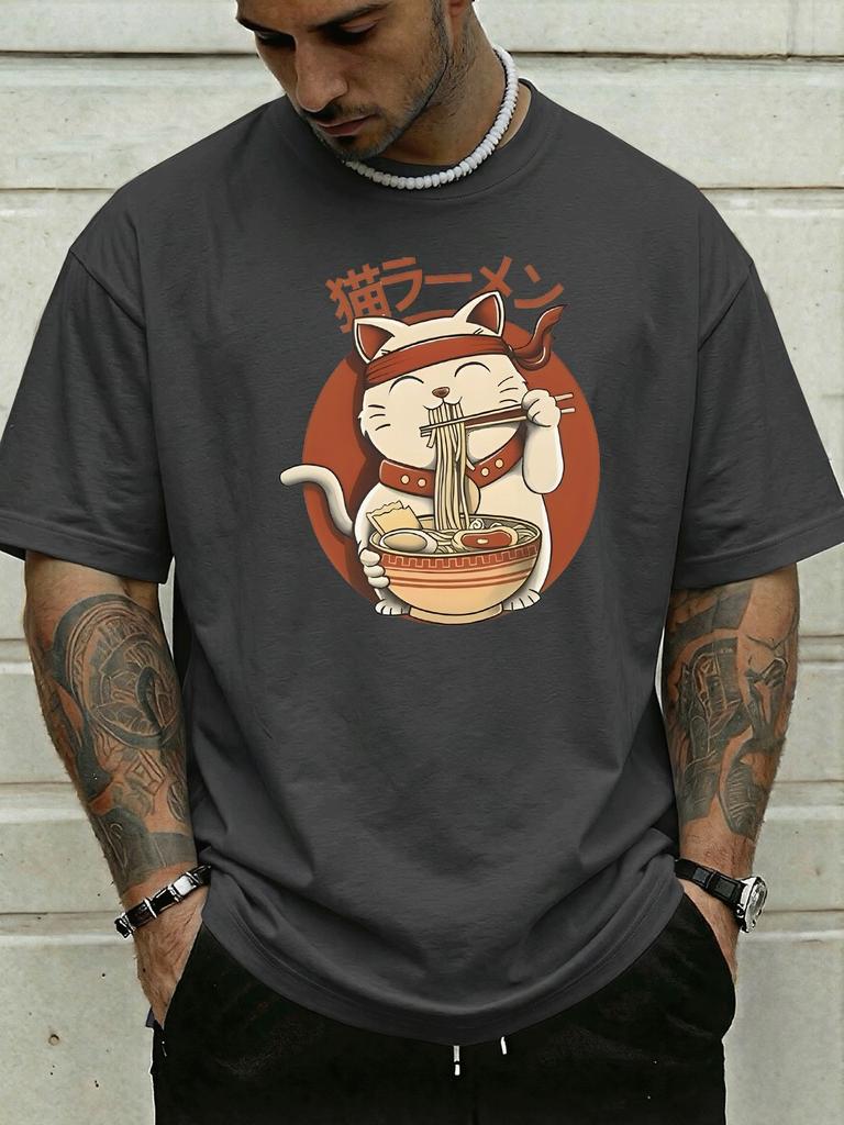 Vintage Japanese Lucky Cat Eating Raunisex Cartoon Graphic Print Unisexs Crew Neck Short Sleeve Tee Casual Daily Soft Basic Wear Top