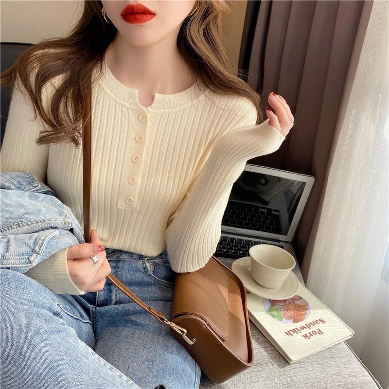 Fashion Crew Neck Knitted Women Pullover Sweater Autumn and Winter Long Sleeve Slim Fit Inner Bottoming Shirt Office Elegant Buttons Tops Clothing
