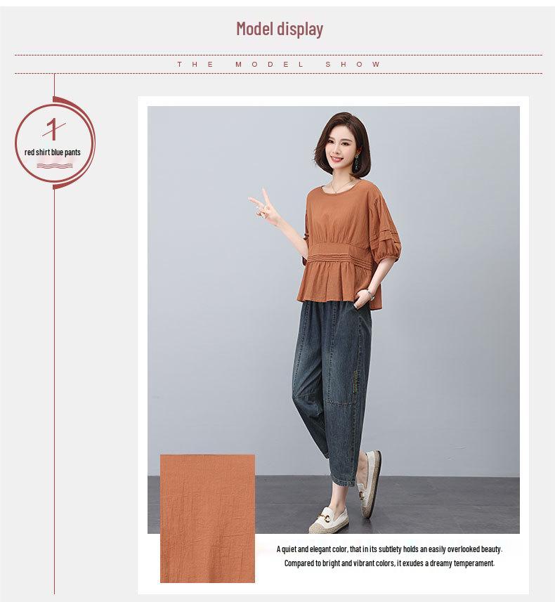 Women's Summer 2025 Casual Cotton Linen Two-Piece Set: Loose Fit Top & Nine-Point Pants for Middle-Aged Moms