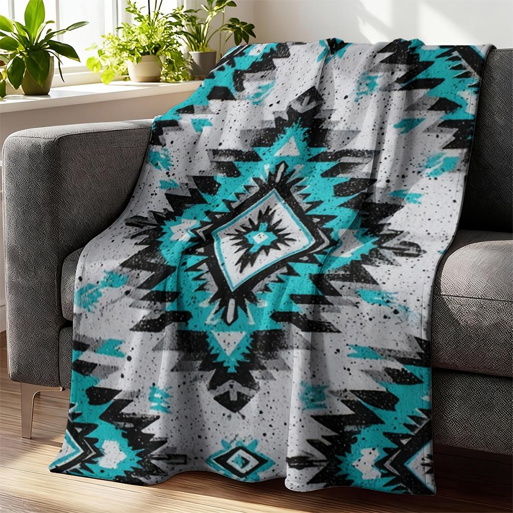 1pc Turquoise Aztec Print Fleece Blanket, Southwestern Boho Throw Blanket for Home Couch Bedroom Decor
