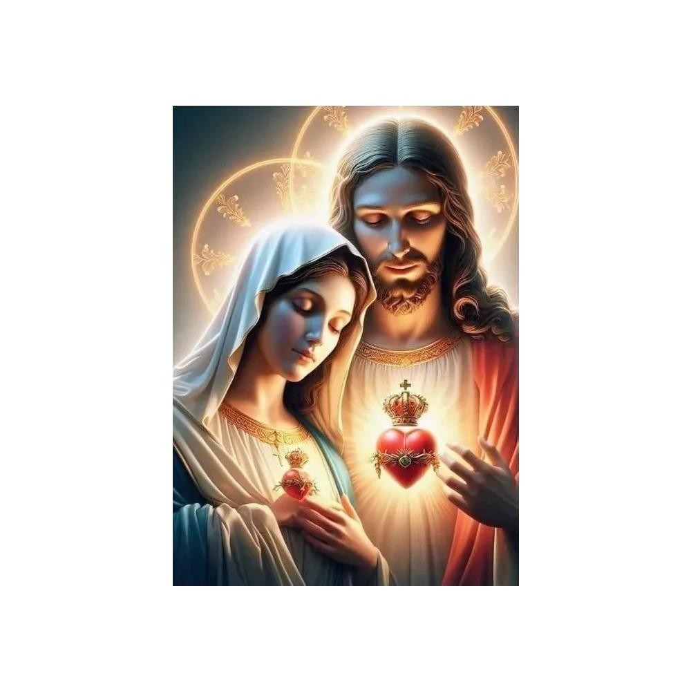 ציור קנבס דתי נוצרי של ישו ומרים הבתולה, לב קדוש, פוסטר אמנותי של ישו הילד הקדוש הקתולי, עיצוב בית נוצרי