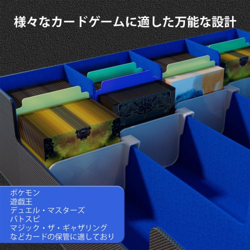 HCSH&WILL Deck Case, Trading Card Case, PU Leather, Holds 3000+ Trading Cards, Large Capacity, 4 Compartments, 24 Divider Labels (Black with Blue Inte