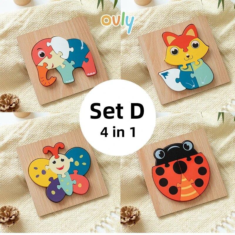 4 Stück Kinder 3D Holz Tier Puzzle Kindergarten Früherziehung Entwicklung Stereoskopische Kleinkindspielzeuge für 2-3 Jahre altes Baby