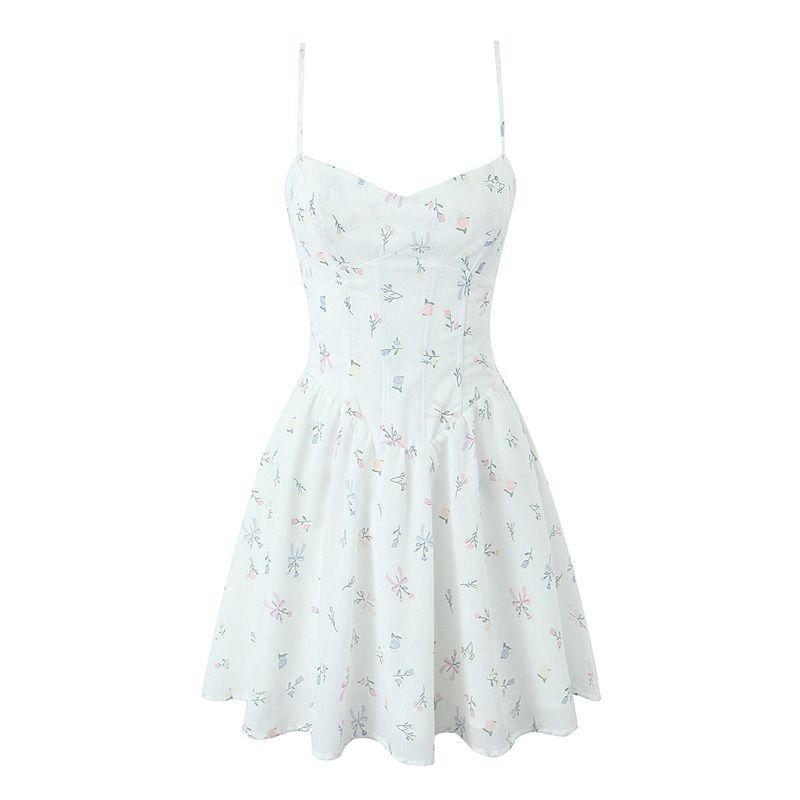 

Babyboo French Sexy V-neck Floral Fishbone Drawstring Slim-Fit Suspender Skirt Elastic Bandage Holiday Dress Flowers with white background L