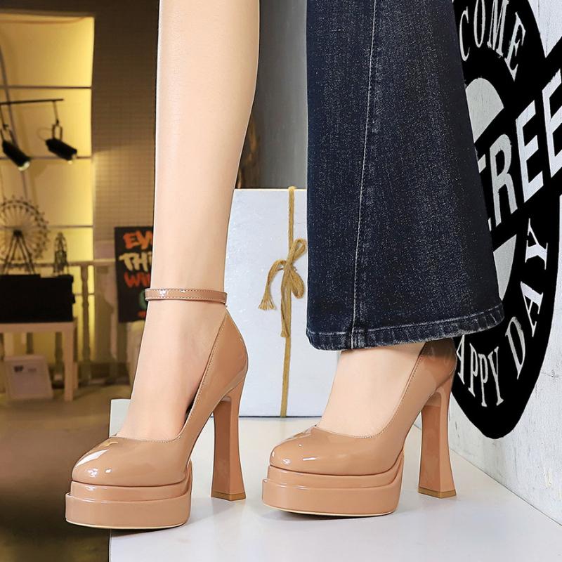 Fashion Round-Toe Single Shoes For Women With High Heels Double-Layer Waterproof Platform Patent Leather One-Length Strip Light Mouth