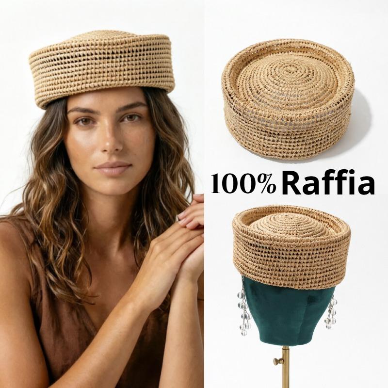 My Extreme Outdoor Activities Women's French 100% Raffia Berets Hand Woven Straw Pillbox Hat Summer Elegant Sun Hats Charming Cocktail Party Medicine Box Hat 56-58Cm