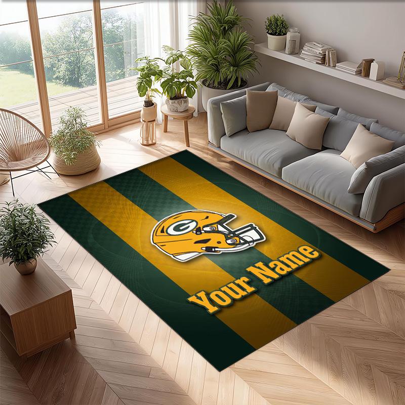 Green Bay Packers Crystal Velvet Rug, Custom Name Text Personalized Non‑Slip Floor Mat for Home Decor Gift