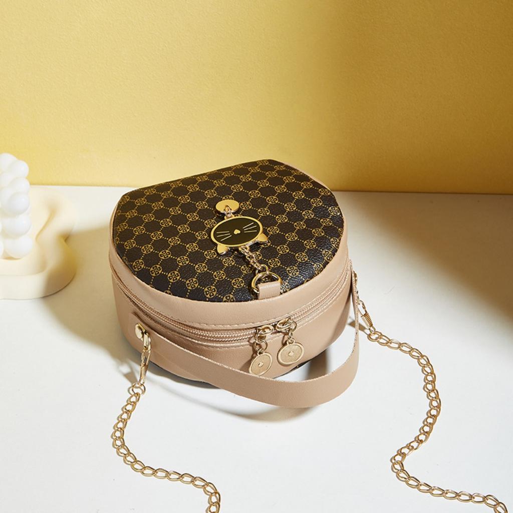 Ladies' Fashionable Black Round Shoulder Bag with Gold Accents and Decorations - A Compact Synthetic Leather Mobile Wallet Suitable for Daily Use