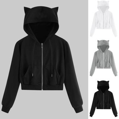 Women Casual Solid Long Sleeve Zipper Pocket Shirt Cat Hooded Sweatshirt Tops