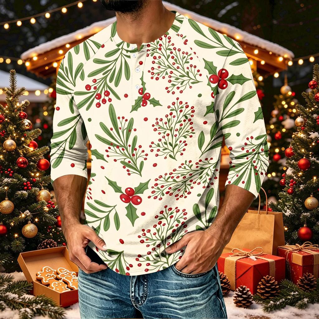 Men's Casual Shirt with Raglan Three-Quarter Sleeves, Christmas Print