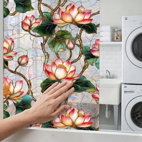 Window Privacy Film, Stained Glass Pattern Decorative Window Sticker, Rainbow Static Cling, Sun Blocking Reusable Decals for Glass Doors, Bedroom