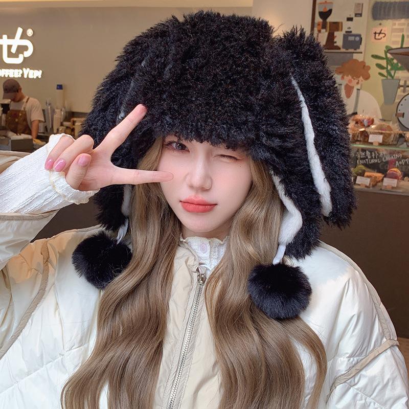Winter Thickened White Plush Cartoon Rabbit Ears Female Age Reduction Sweet and Cute Ear Protection Warm Pullover Cap