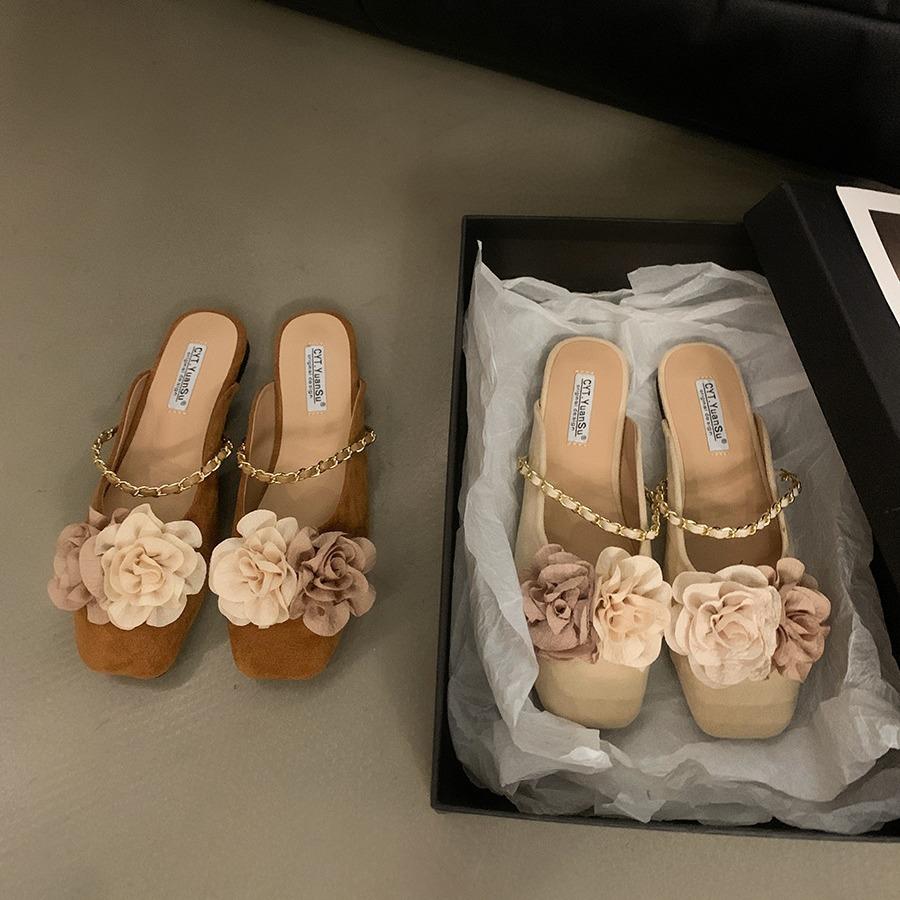 Flat Bottom New Chinese Style Flat Bottom Bag Head Half Support Shoes Women's Shoes Wear 2025 New Internet Celebrity Explosion Temperament Small Sand