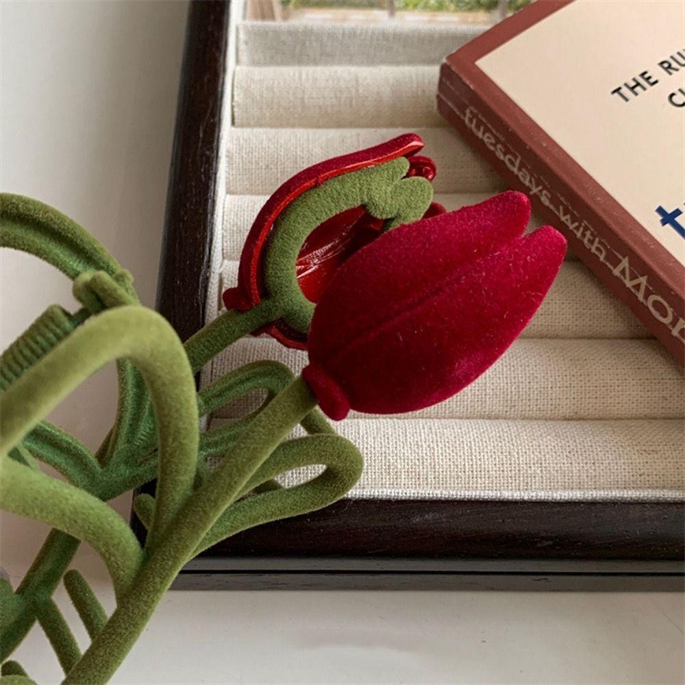 Pearl Korean Style Headwear Red Velvet Hair Claw Flocking Tulip Hair Clip Female Hair Accessories