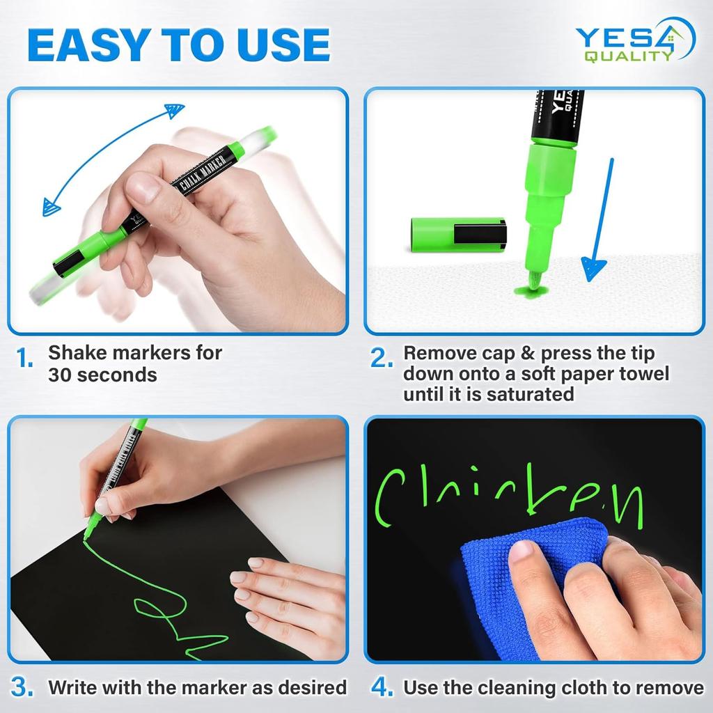 Magnetic Black Dry Erase Board for Fridge (12 x 8 inch), Stain-Resistant w/ 3 Magnetic, Fine-Tip Neon Chalk Markers & Eraser by Yes4Quality