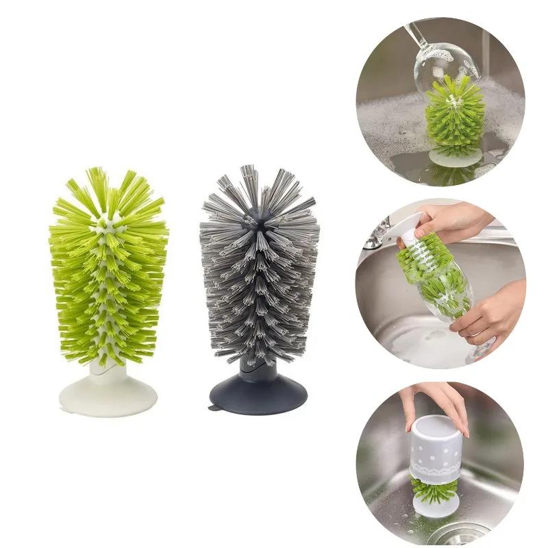 Sink Suction Cup Brush for Wine Glasses Mugs Bottles Durable Bristles Grip Upright Stability Cleaner Glass Brush with Suction Cu