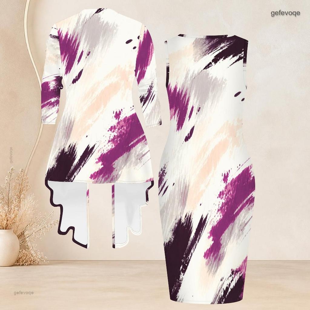 Women Plus Size Two Piece Set Blue Printed Long Sleeve Draped Cardigan Sleeveless Bodycon Dress