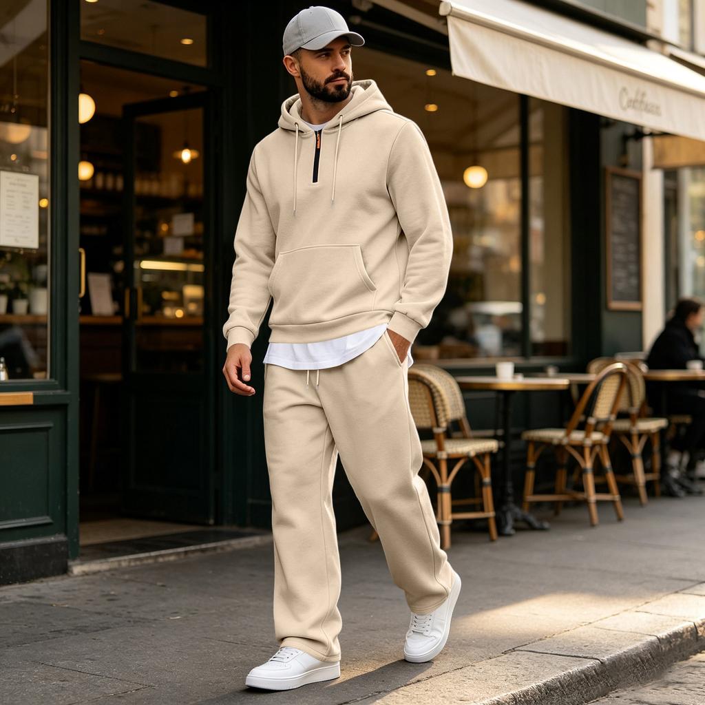 Men's Warm Lined Hoodie and Wide Leg Cargo Pants Set, Casual Relaxed Fit for Outdoor Sports