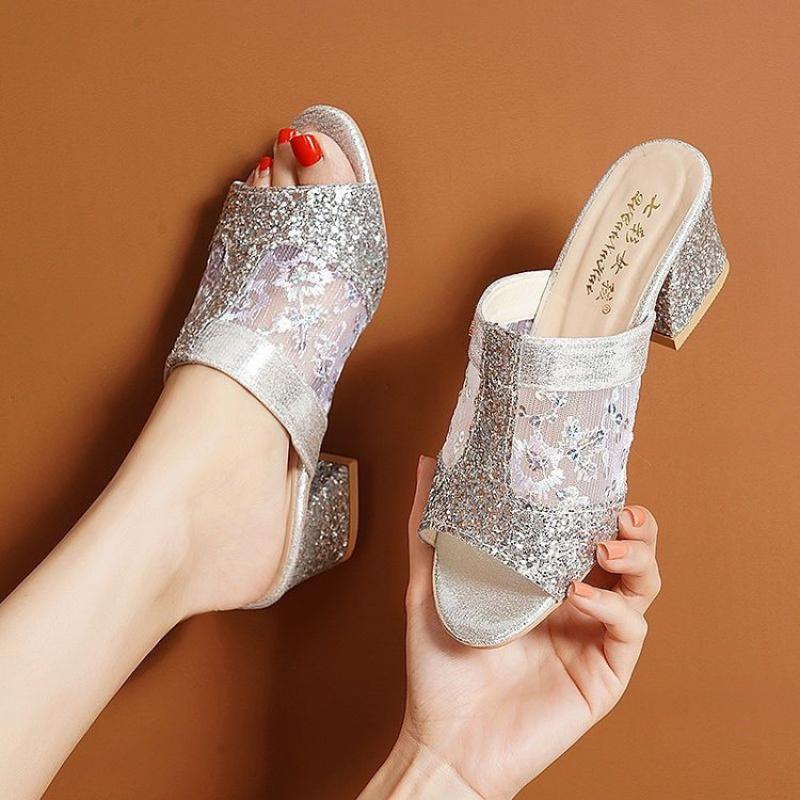 Women's Block Heel Mule Slides with Glitter Lace Open Toe Sparkling Casual Sandals for Summer Parties&Date Nights
