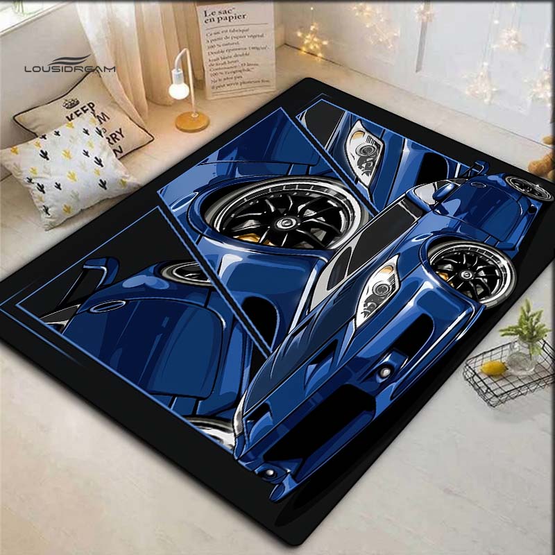 Blue Modified Sports Car Comic Split Panel Print Area Rug Non‑Slip Rectangular Floor Mat Car Fan Decor for Gaming Room Living Bedroom
