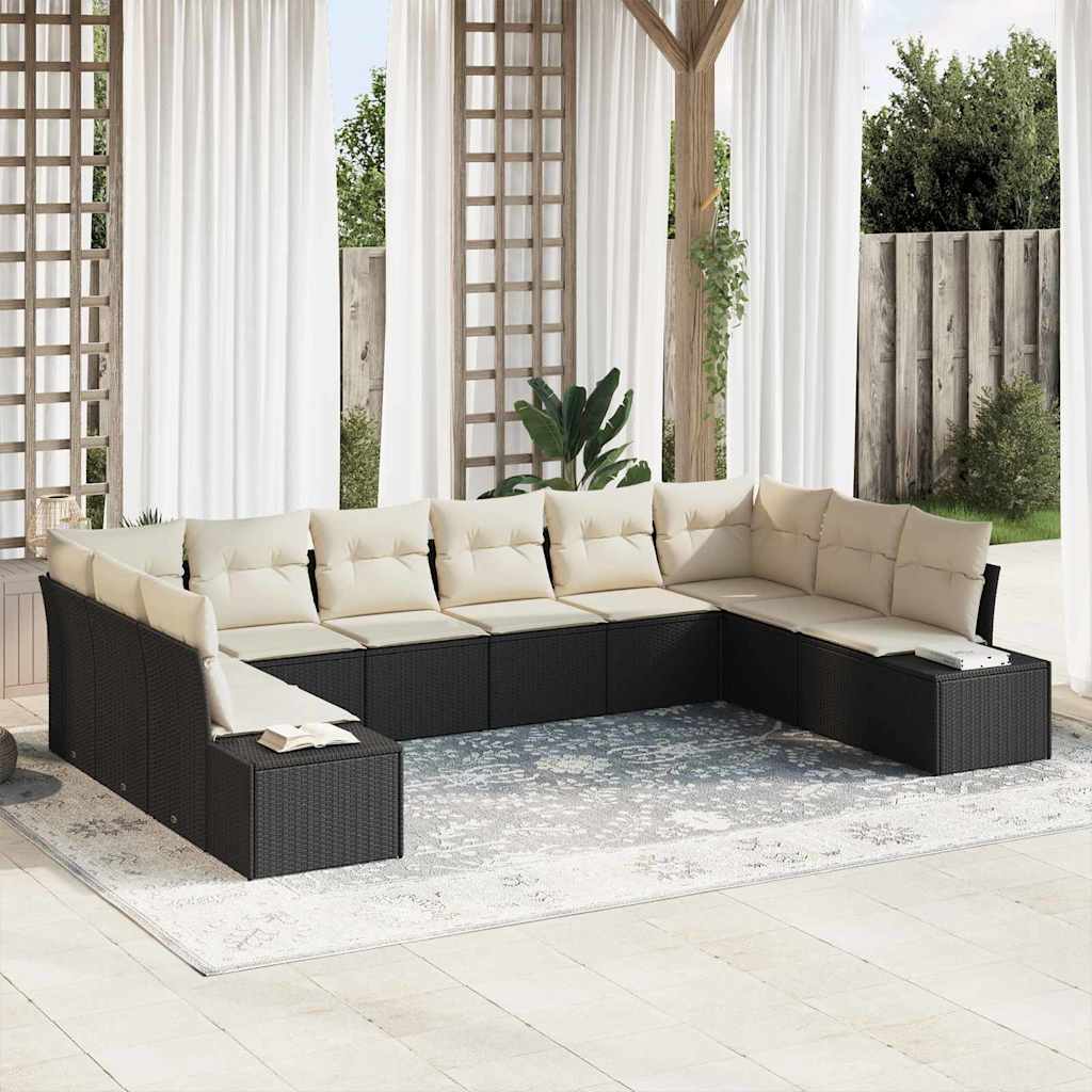 Garden Sofa Set with Cushions 10 pcs Black and Cream Poly Rattan