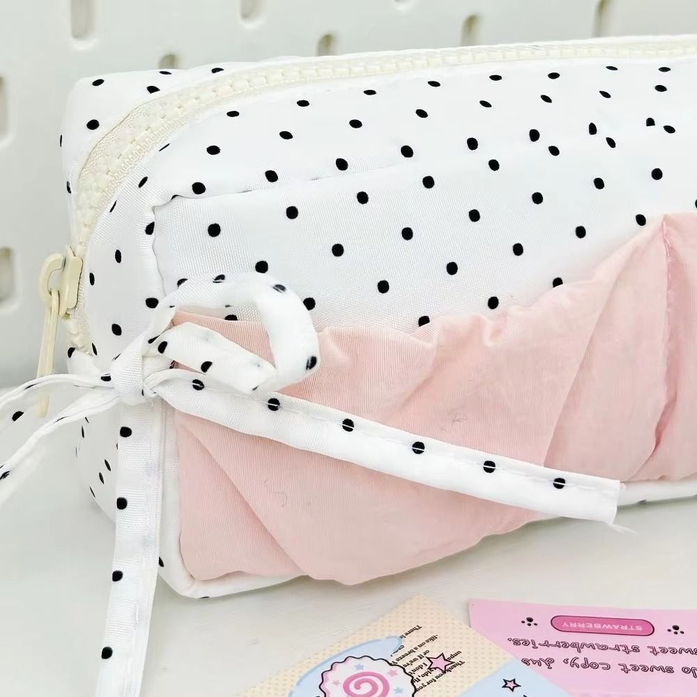 Large Capacity Polka Dot Pencil Bag White With Pink Bow Pencil Case School Supplies