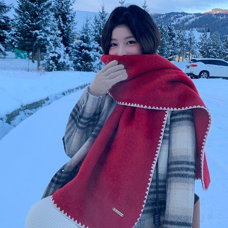 Premium sense including wool red knitted scarf women's new winter atmosphere thickened warm scarf