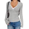 Women's V-neck T-shirt Inner Layer Women's Lace Neckline Design Knitted Bottoming Shirt Slim Long-sleeved Top