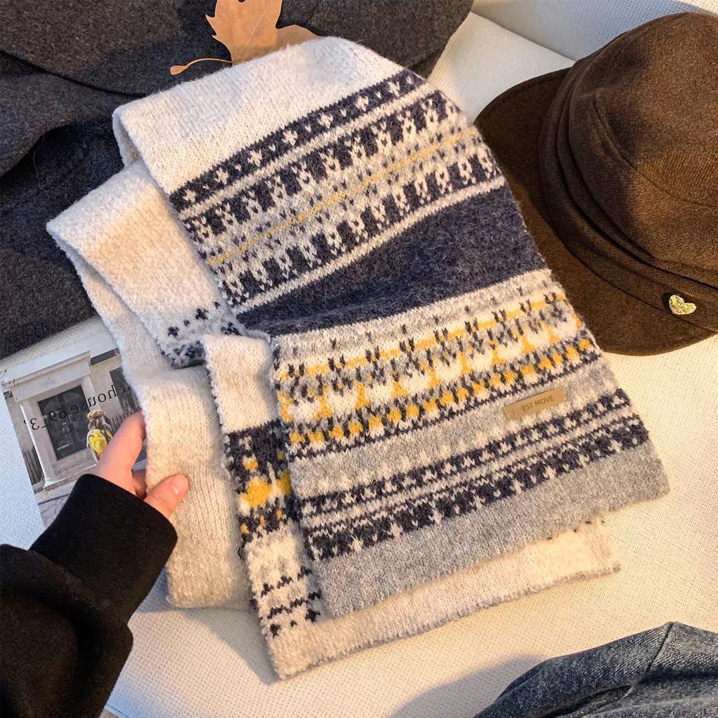 New Fair Island Wind Jacquard Knitted Scarf Women's Autumn and Winter Versatile Thickened Warm and Cold Neck Protection Wool Scarf