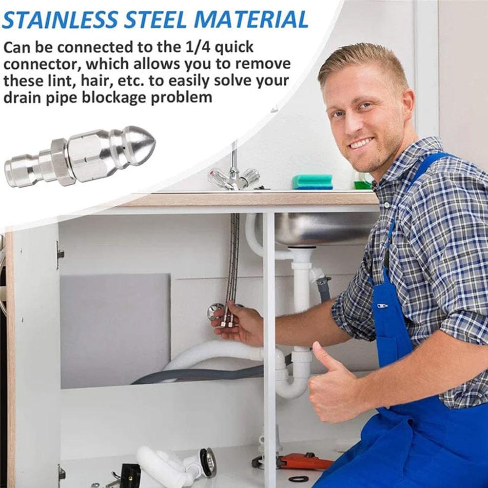 Sewer Jetter Nozzle Quick Pressure Washer Connector Stainless Steel Sewer Cleaning Nozzle Multifunction for Household Cleaning
