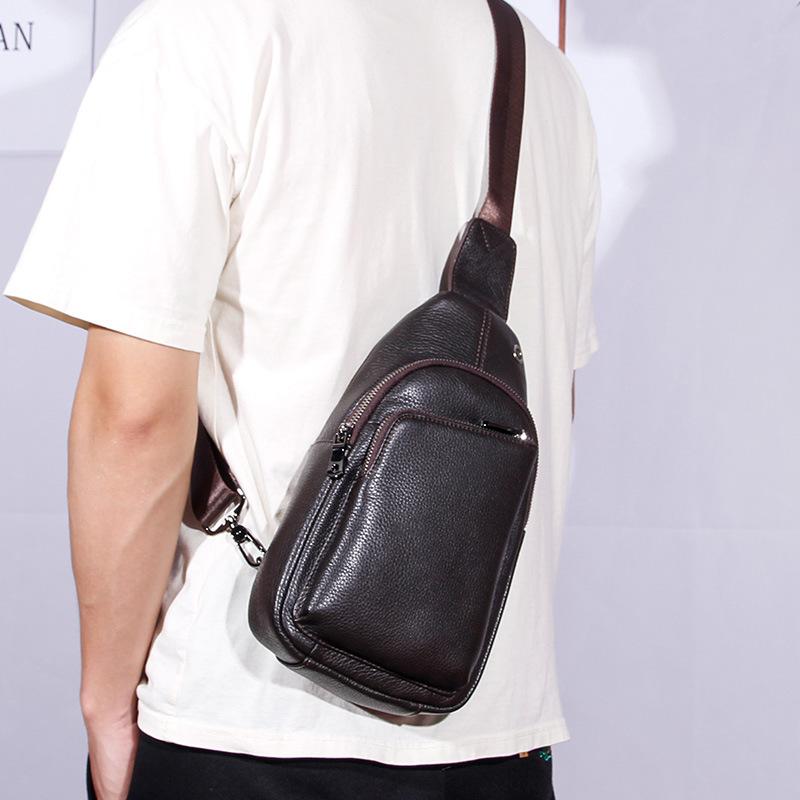 Men's Leather Backpack, Sports Shoulder Bag, Crossbody Bag, Outdoor Top Layer Cowhide Chest Bag, Men's Large Capacity Waterproof Bag