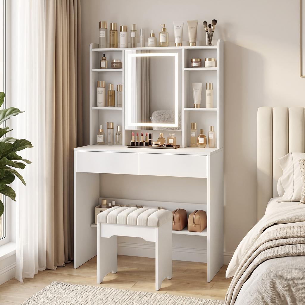 Makeup Vanity Table with Mirror Cabinet, LED Lighting, 2 Drawers, White