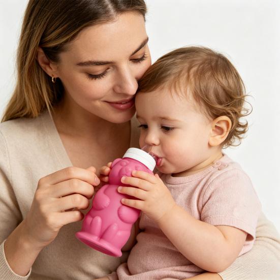 Bear Sippy Cup with Markings Silicone Straw Cup for Babies 8oz Translucent Drinking Bottle for Milk & Juice Training